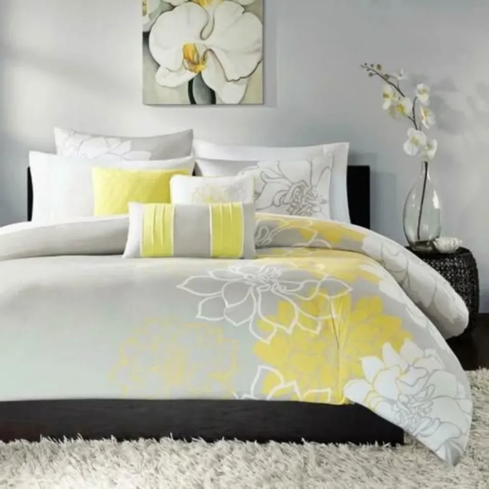6 Pieces Queen Duvet Cover Set Yellow Floral Gray Madison Park New